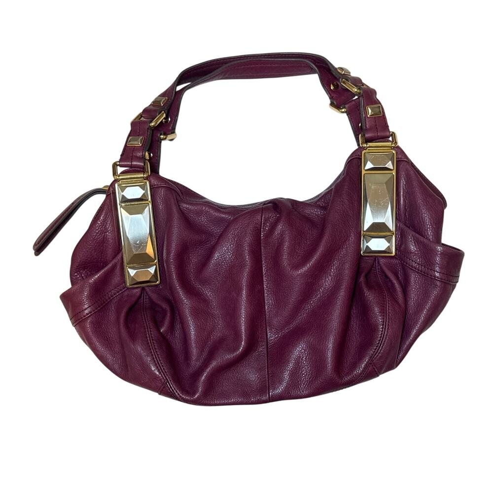 Y2K B. Makowsky Purple Red Leather Hobo Bag Slouchy Gold Hardware McBling